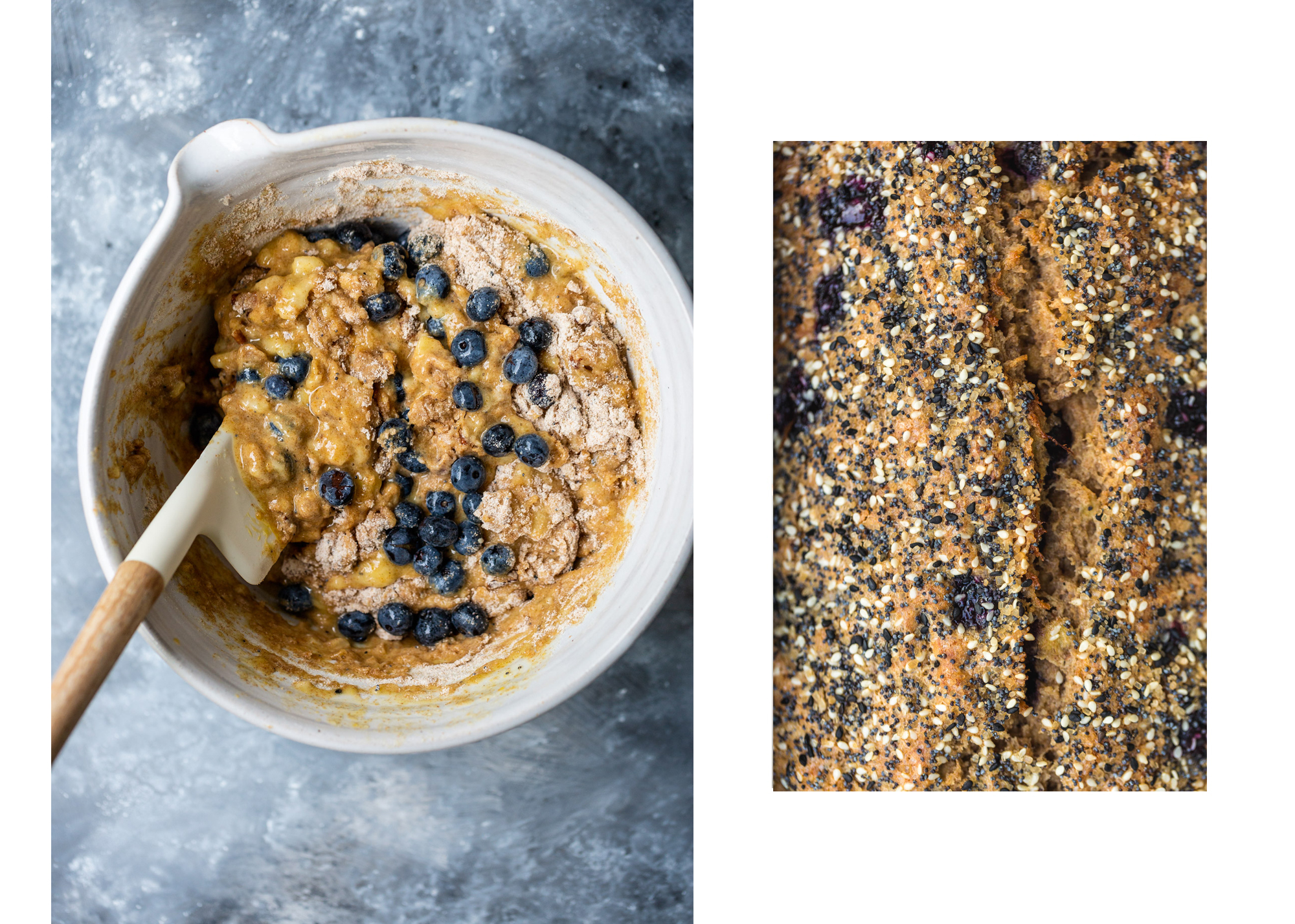 photo collage showing blueberry banana bread batter and baked loaf 