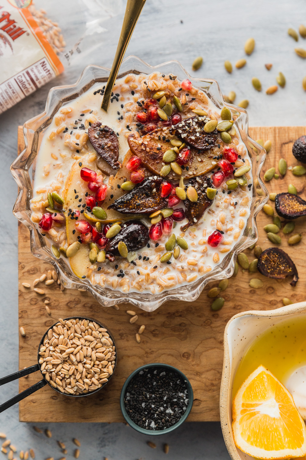 Seedy Farro Breakfast Bowl Recipe With Warmed Figs & Pears