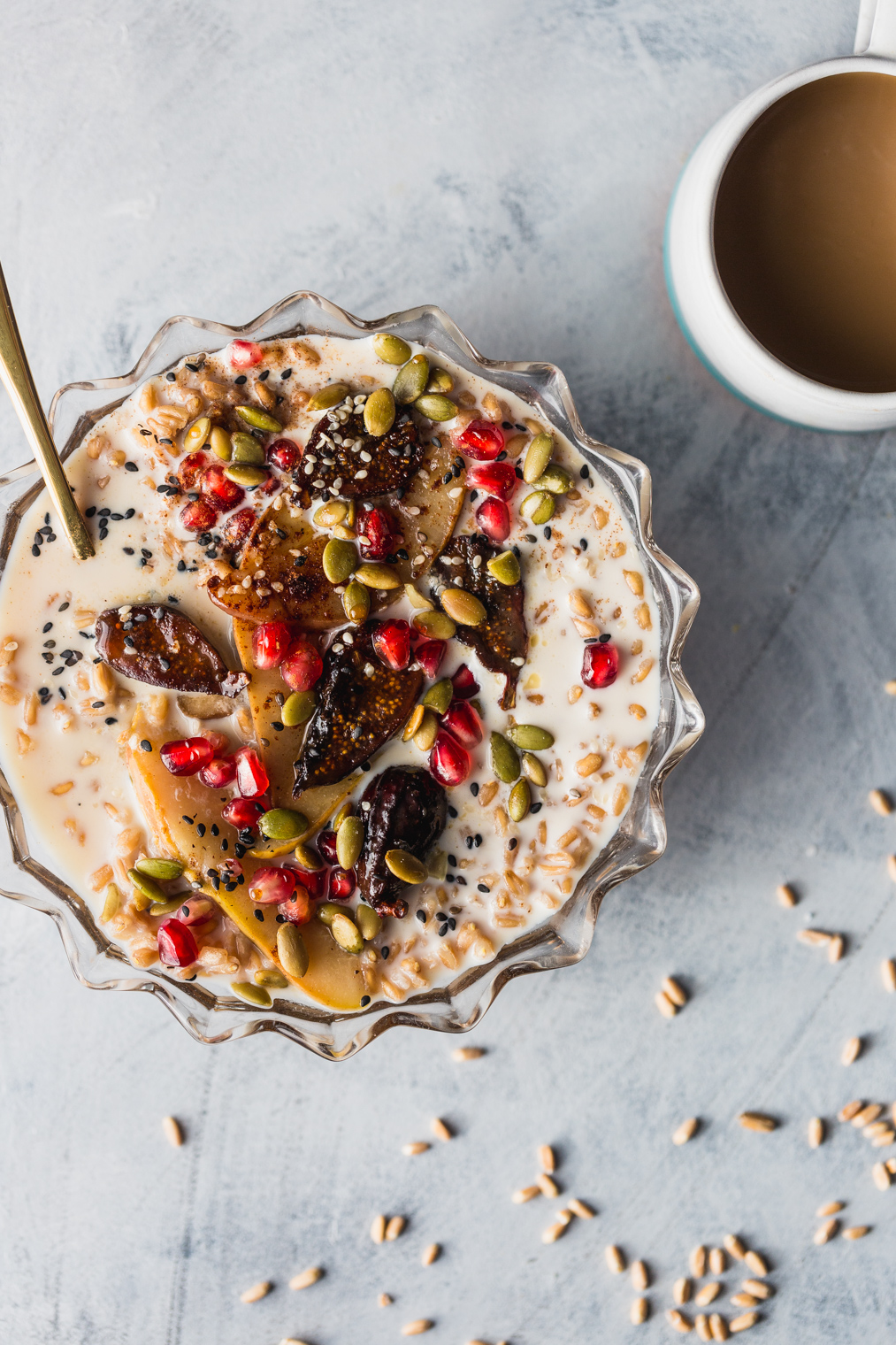 Seedy Farro Breakfast Bowl Recipe With Warmed Figs & Pears