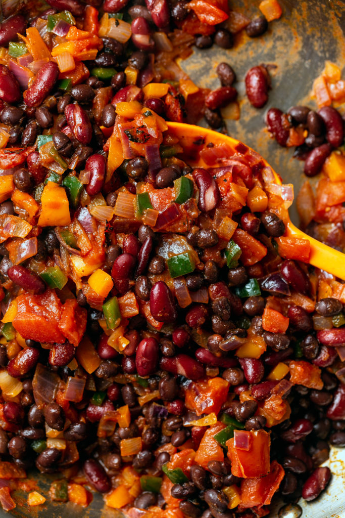 Vegan Chili Mac filling in skillet 