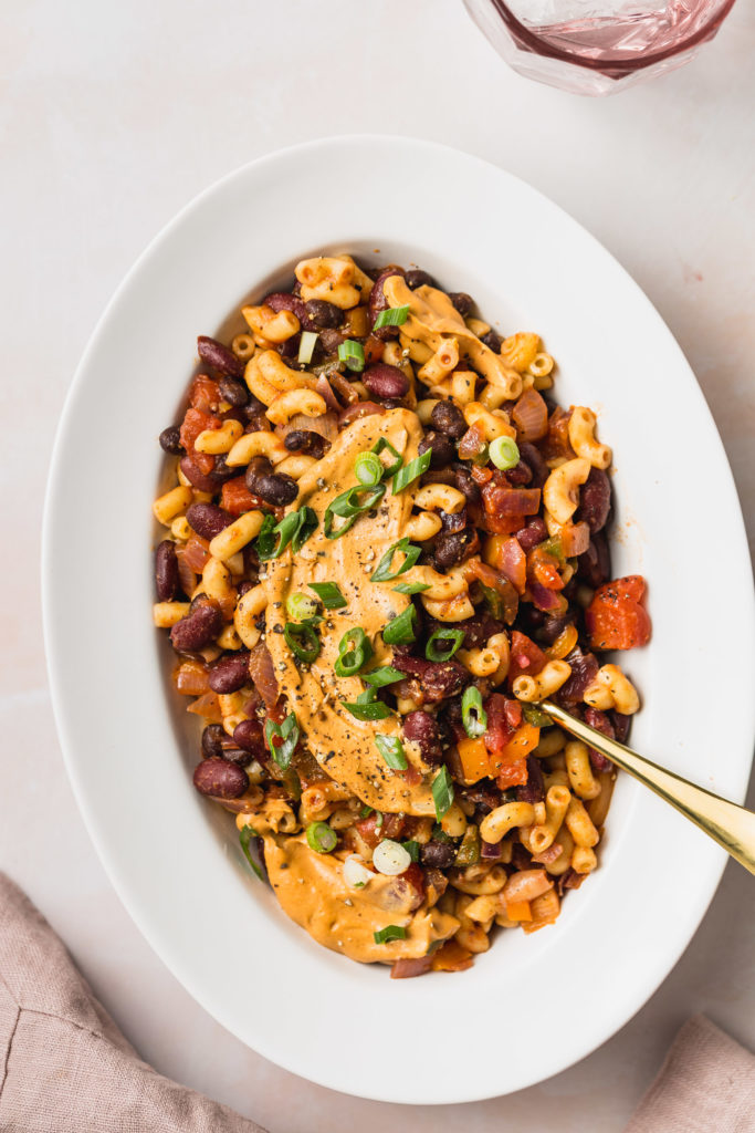 Vegan Chili Mac in large white serving bowl