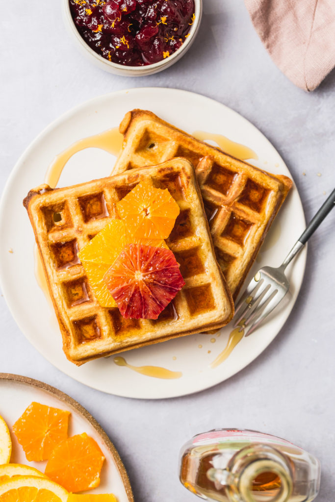 Brown Sugar Waffles with Orange-Ginger Cranberry Compote