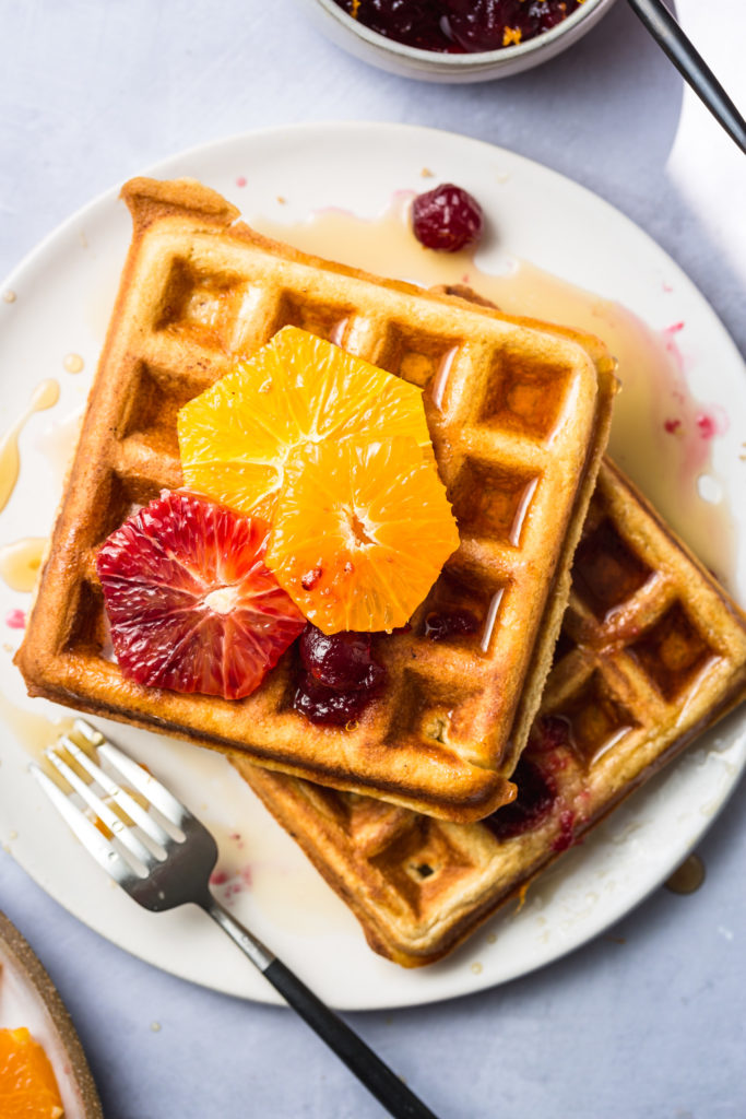 Brown Sugar Waffles with Orange-Ginger Cranberry Compote