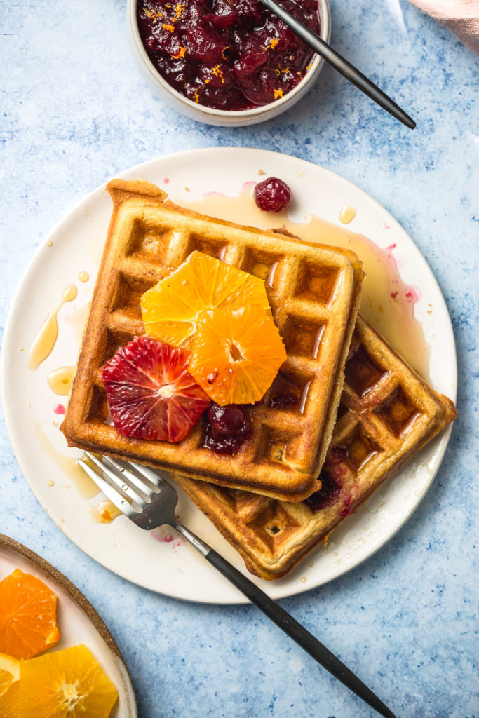 Brown Sugar Waffles with Orange-Ginger Cranberry Compote