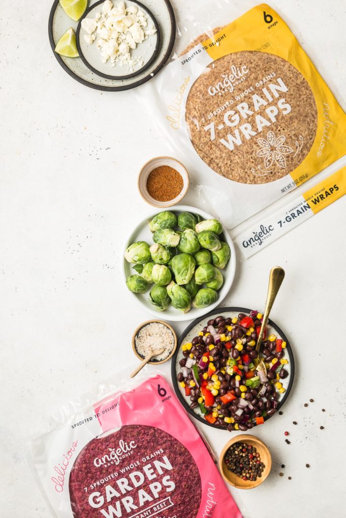 Spicy Brussels Sprout Wrap with Black Bean & Corn Salsa