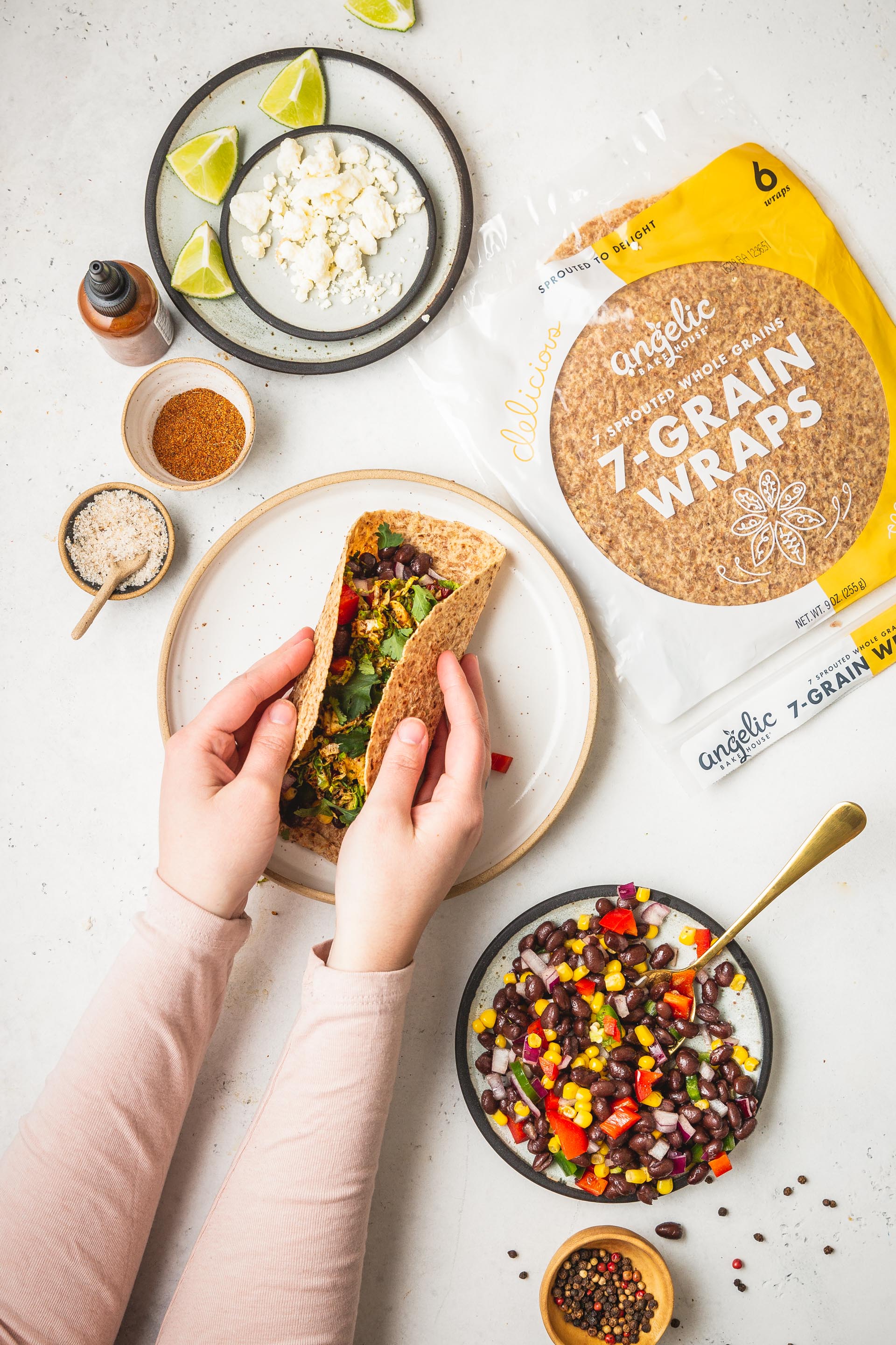 Spicy Brussels Sprout Wrap with Black Bean & Corn Salsa