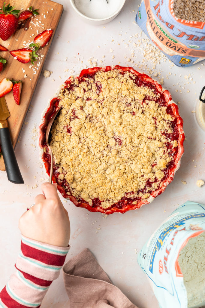 baked rhubarb and strawberry crisp
in white baking dish