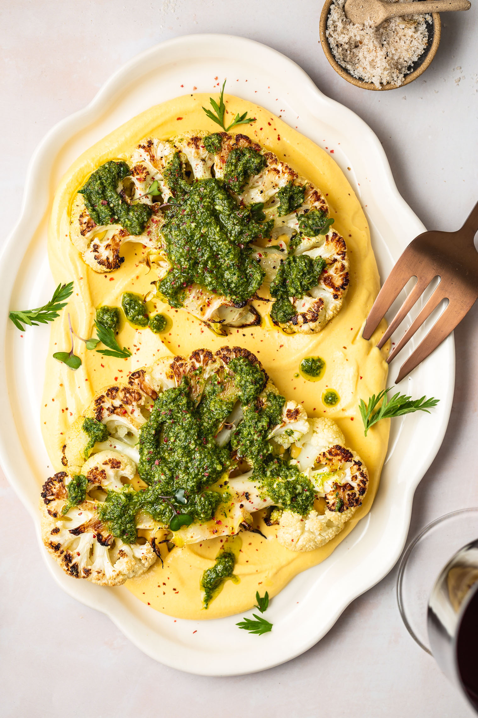 Cauliflower Steak with Carrot Miso Puree & Carrot-top Pesto