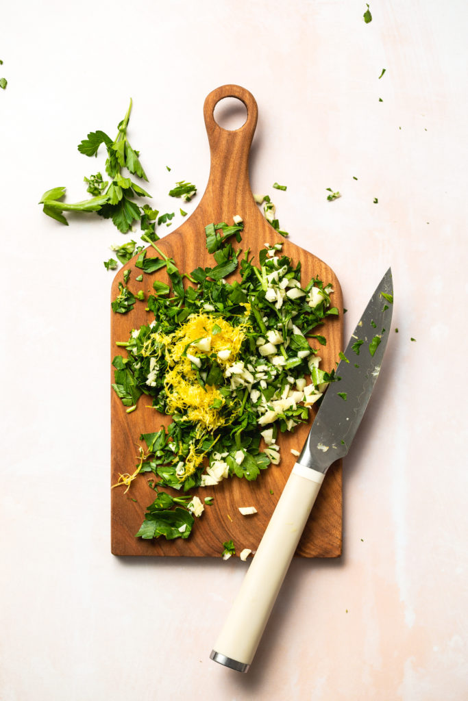 making gremolata on a cutting board