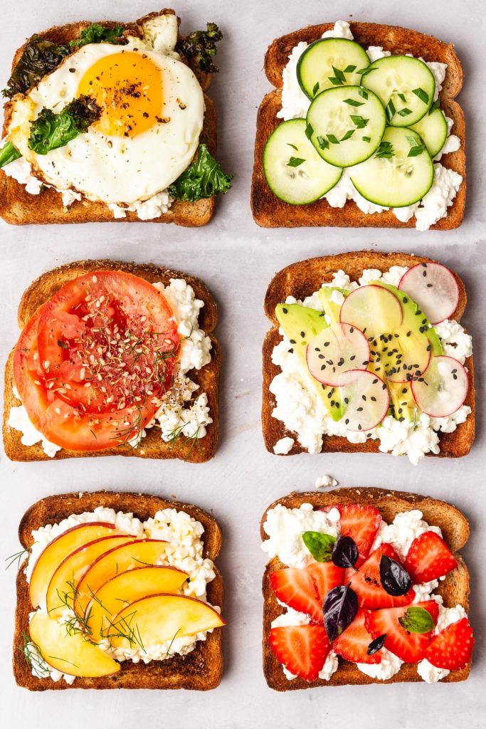 six variations of Cottage Cheese Toast ideas on white countertop 