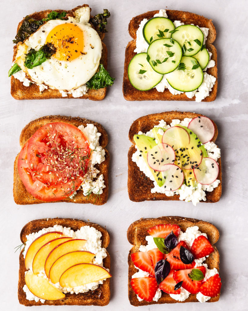 six slices of cottage cheese toast with various toppings 