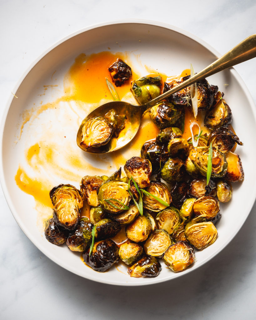 Roasted Brussels Sprouts with Spicy Sweet Buffalo Glaze