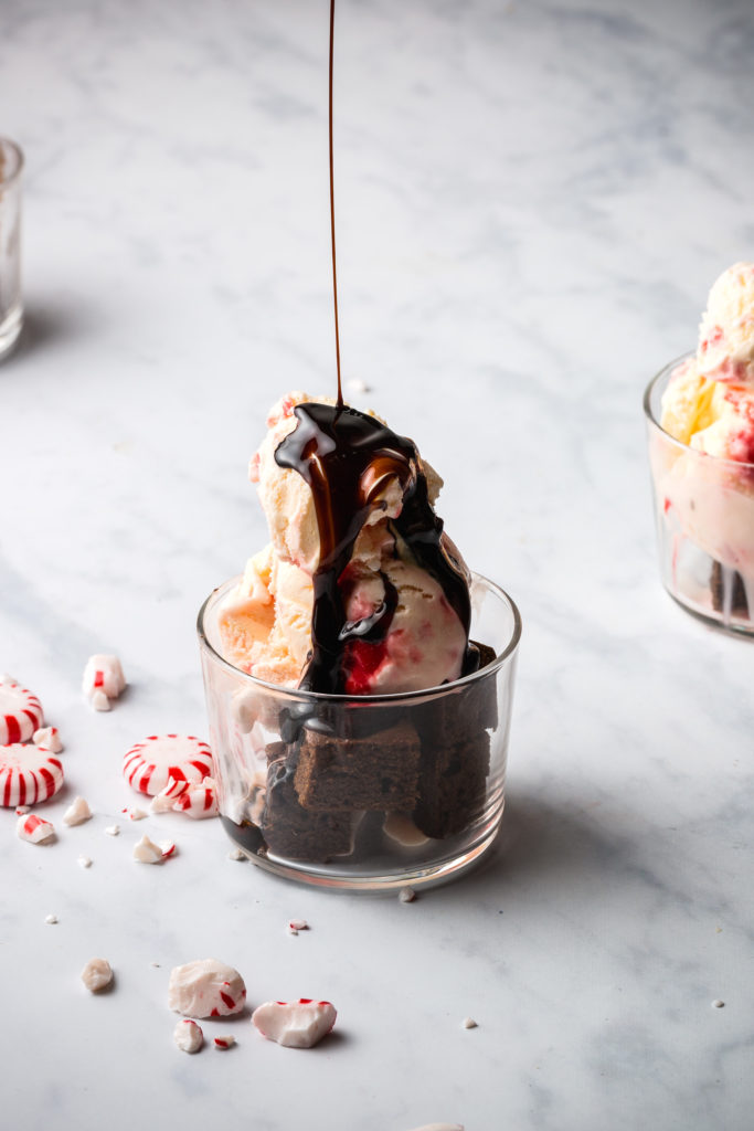 Gingerbread Brownie Sundae with Peppermint Ice Cream & Molasses Drizzle