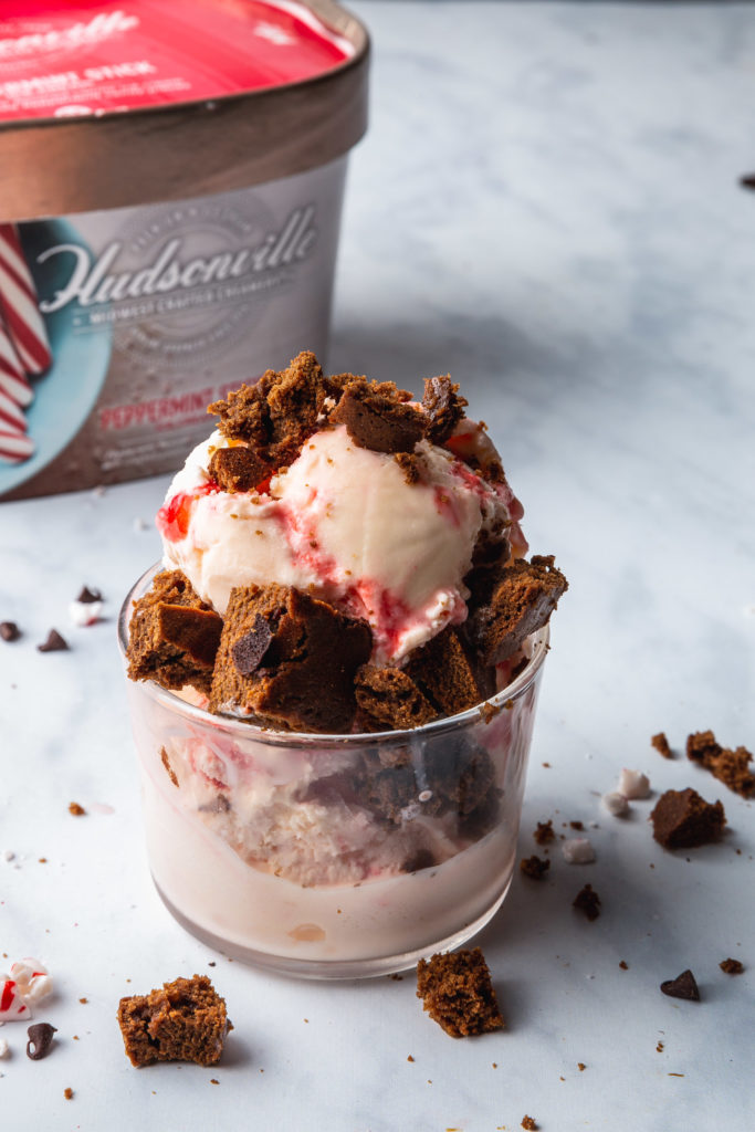 Gingerbread Brownie Sundae with Peppermint Ice Cream & Molasses Drizzle