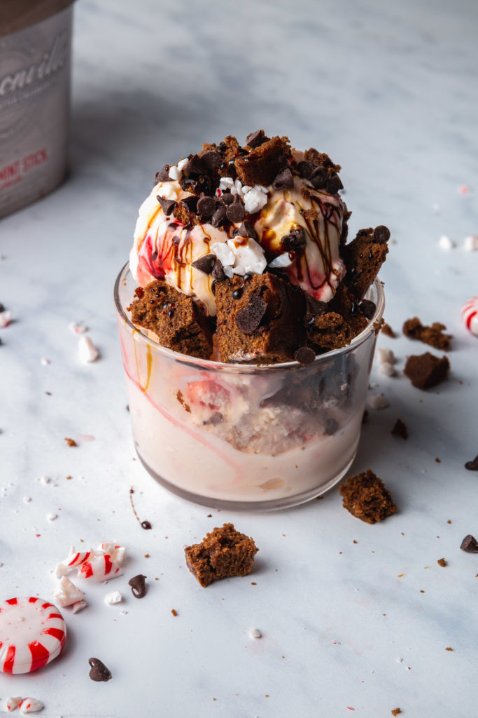 Gingerbread Brownie Sundae with Peppermint Ice Cream & Molasses Drizzle