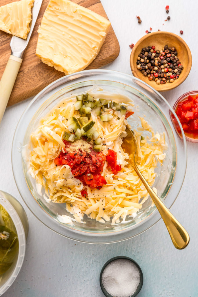 smoke gouda dip ingredients in glass bowl