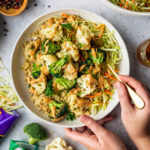 Roasted Broccoli & Cauliflower Bowl with Spicy Peanut Sauce & Tangy Jalapeno Broccoli Slaw