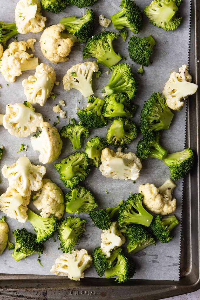 Roasted Broccoli & Cauliflower Bowl with Spicy Peanut Sauce & Tangy Jalapeno Broccoli Slaw