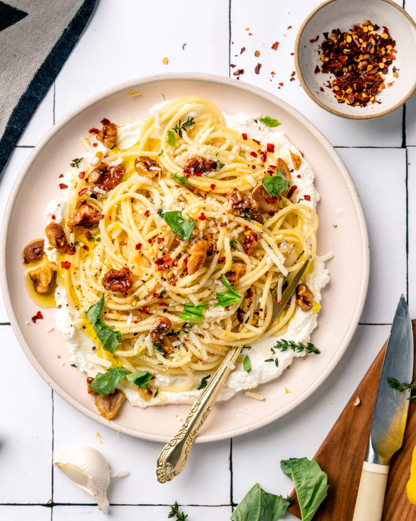 overhead view of Walnut Lemon Ricotta Pasta on white plate