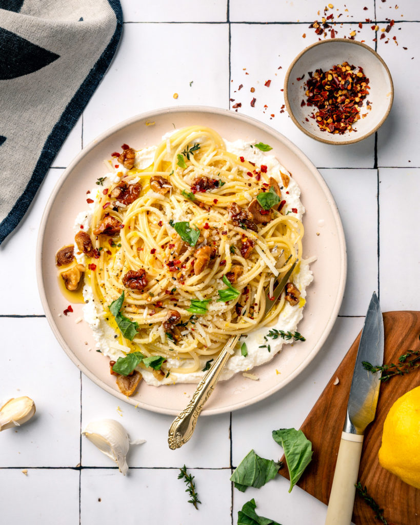 overhead view of Walnut Lemon Ricotta Pasta on white plate