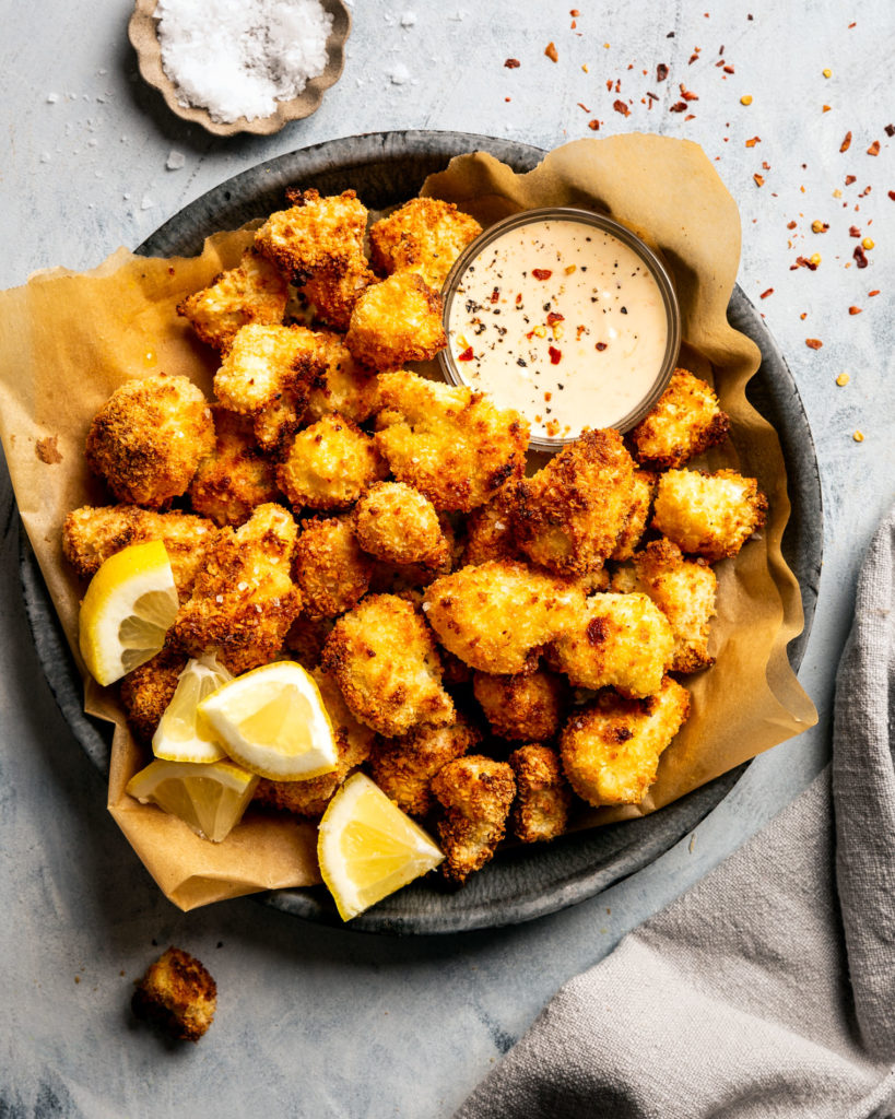 Coconut Cauliflower Bites with Creamy Honey Mustard Yogurt Sauce