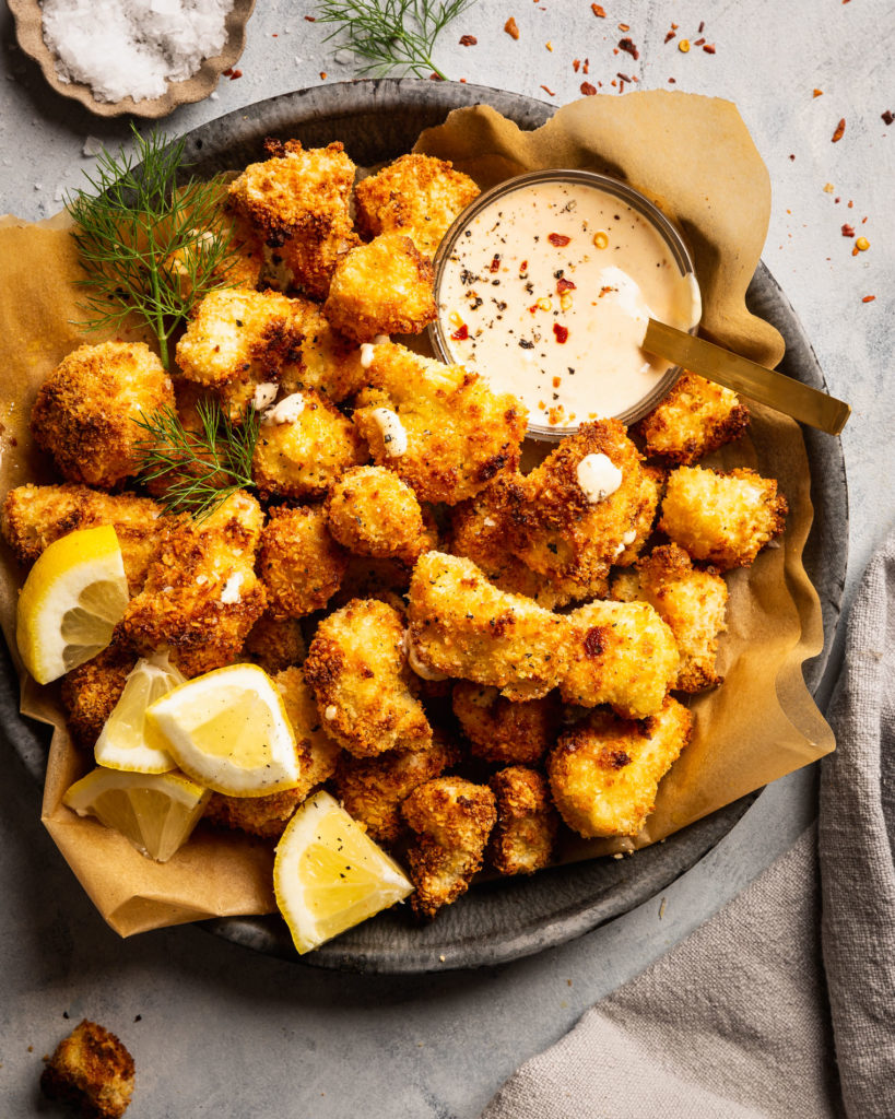 Coconut Cauliflower Bites with Creamy Honey Mustard Yogurt Sauce