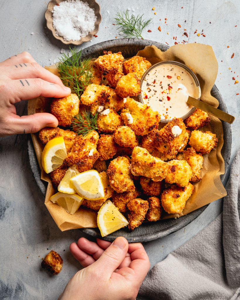 Coconut Cauliflower Bites with Creamy Honey Mustard Yogurt Sauce