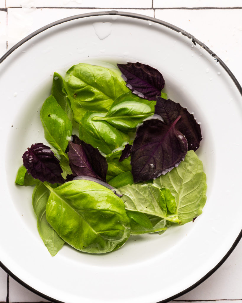 fresh basil in white plate