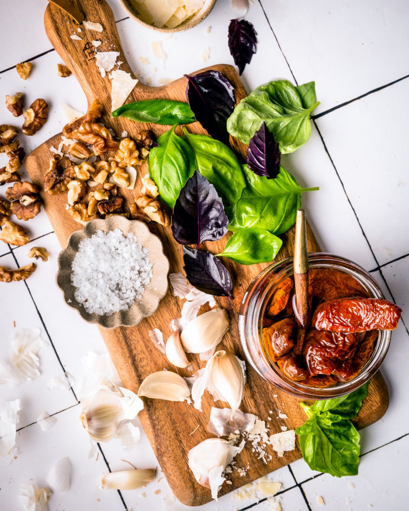 Sun Dried Tomato Pesto ingredients on countertop 