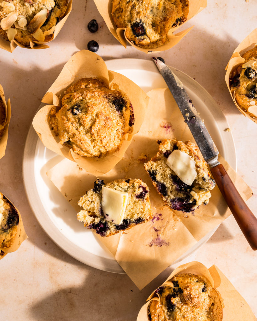 close-up of Almond Blueberry & Peach Sour Cream muffins