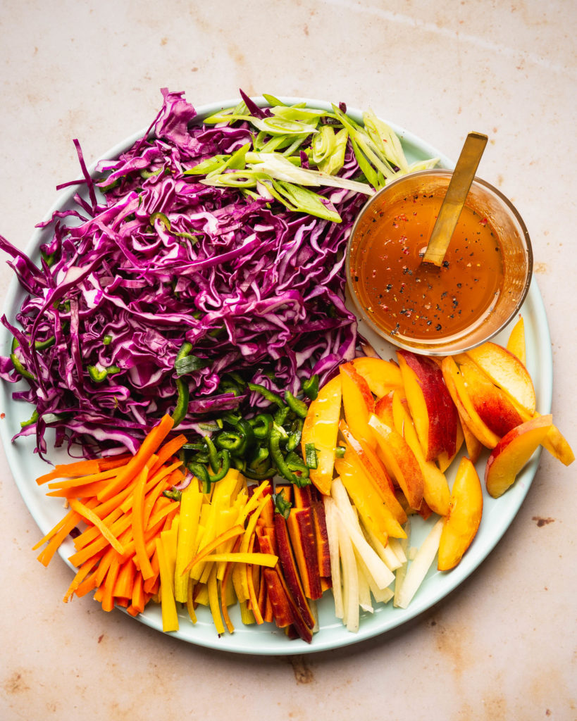 ingredients for the Sweet and Spicy Peach Coleslaw