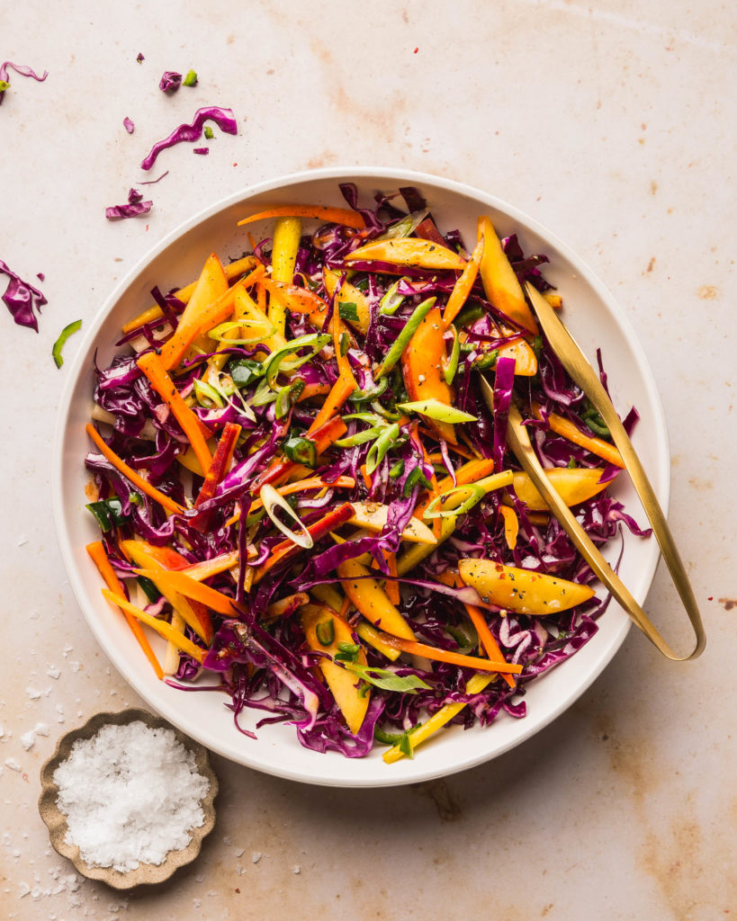 overhead of Sweet and Spicy Peach Coleslaw