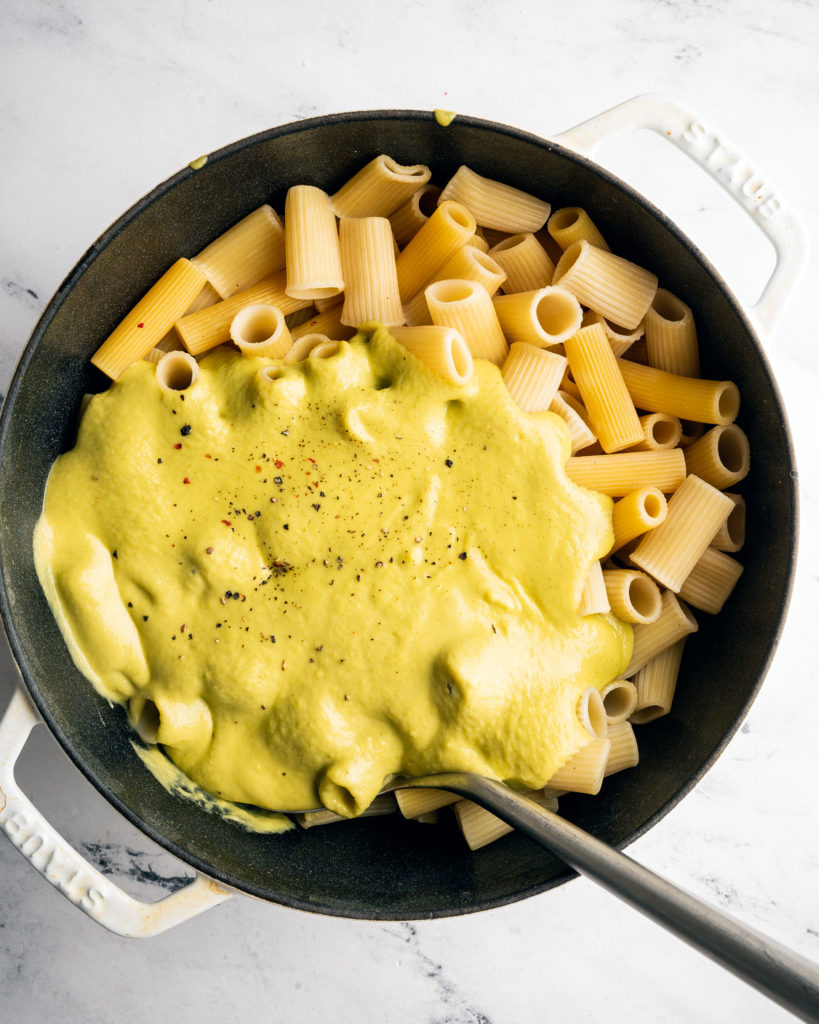 sauce and pasta in big pan