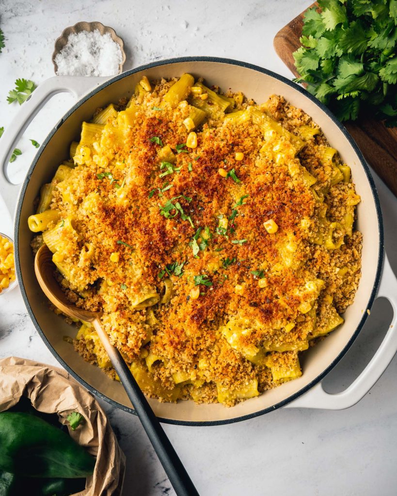 overhead Cauliflower Mac and Cheese with Poblano and Corn