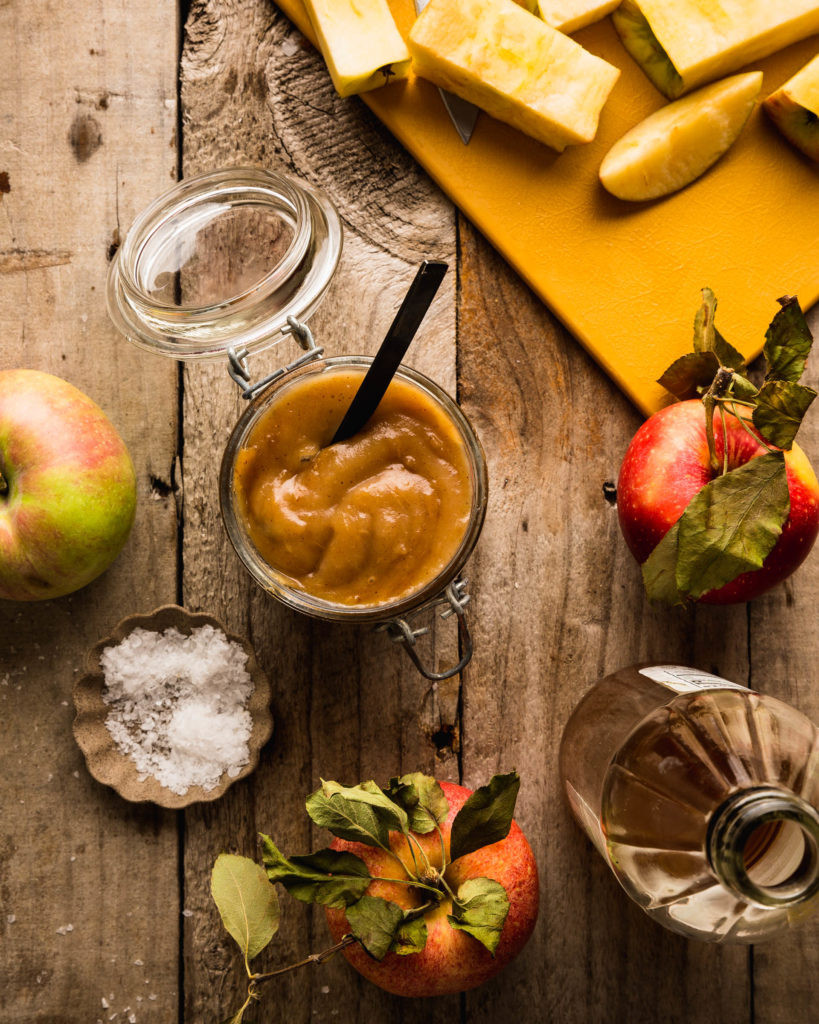 overhead of easy apple butter in jar