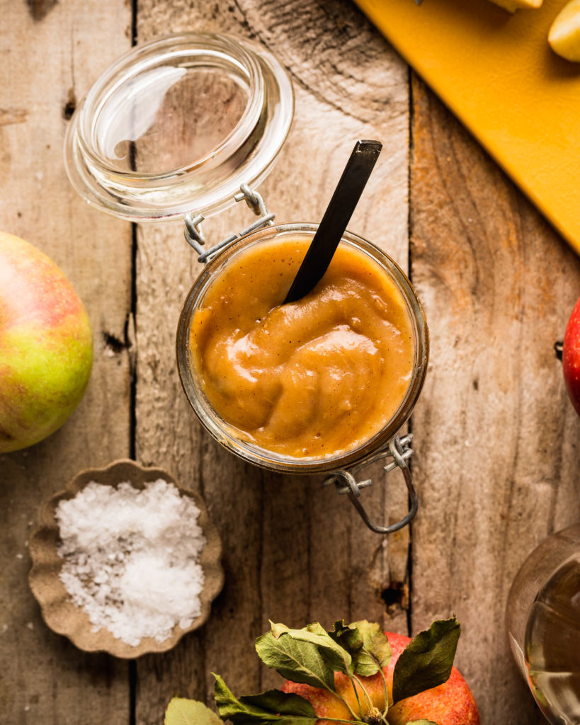 overhead of apple butter in jar