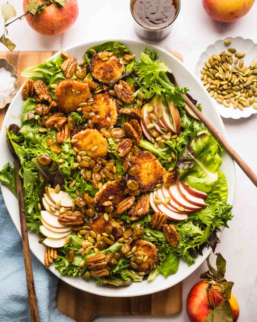 overhead of goat cheese fritter salad