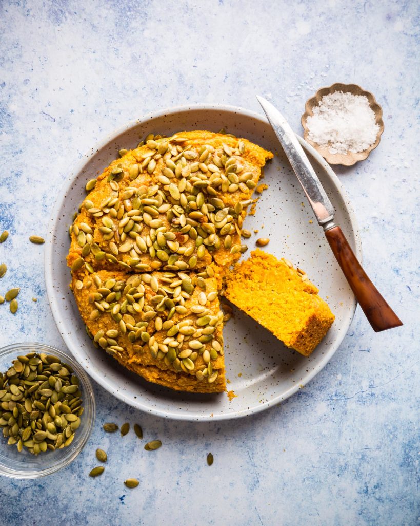 overhead of Brown Butter Pumpkin Cornbread