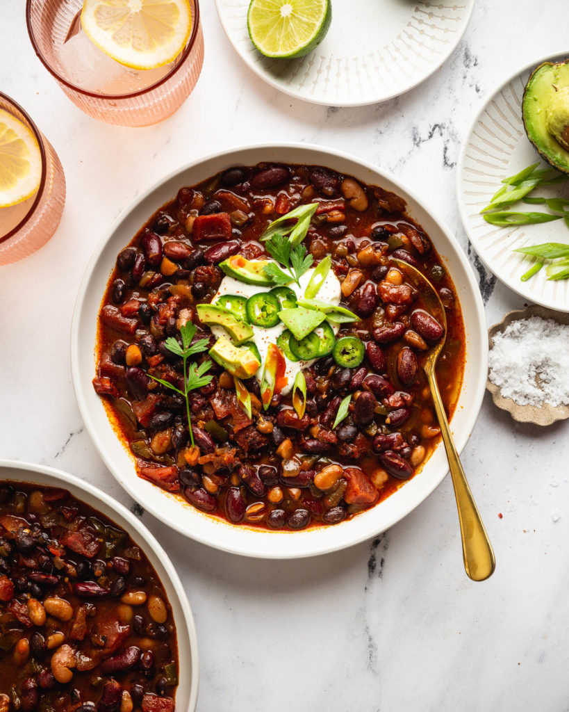 chili bowl on counter with topping options