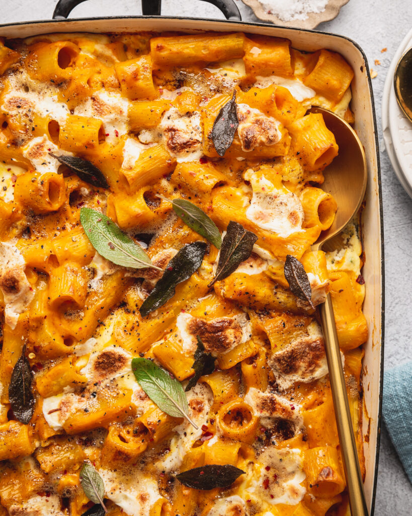 close up of Vegetarian Baked Pumpkin Pasta with Crispy Sage & Ricotta