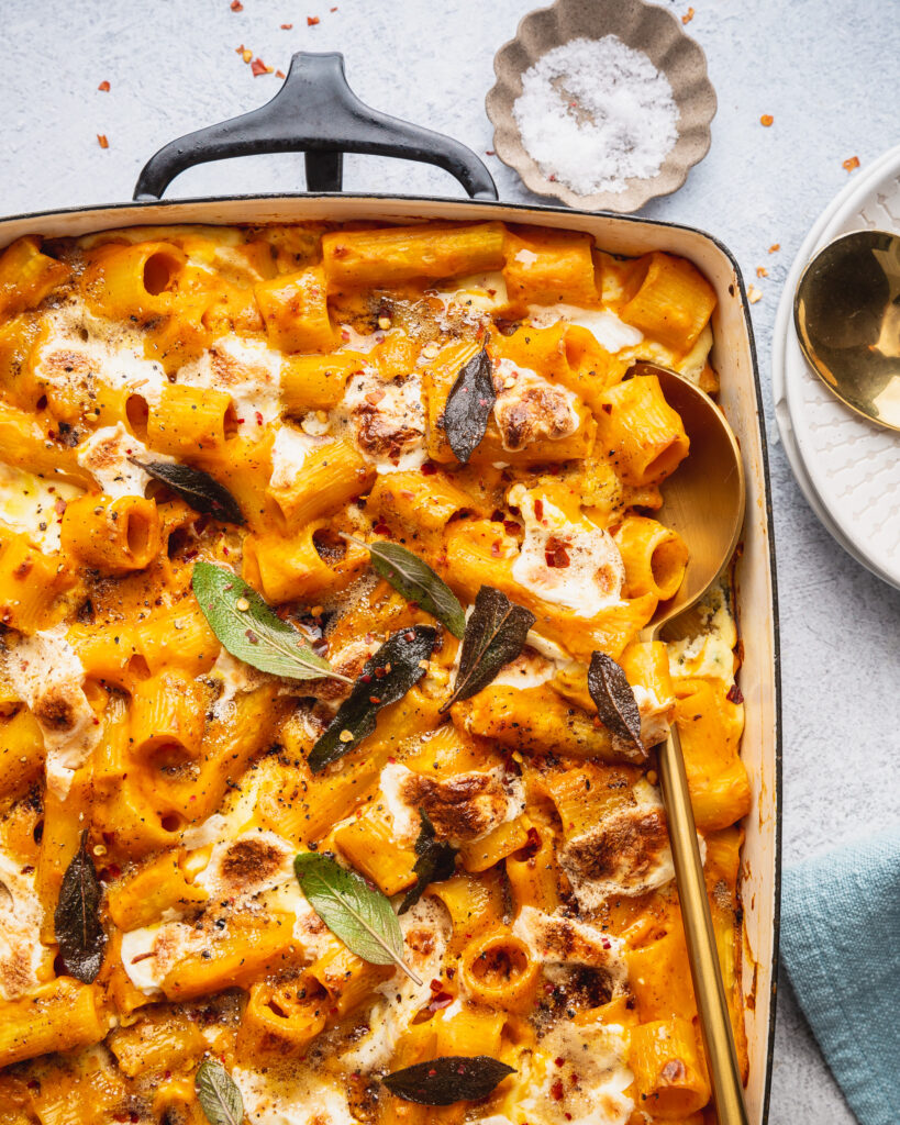 close up of Vegetarian Baked Pumpkin Pasta with Crispy Sage & Ricotta