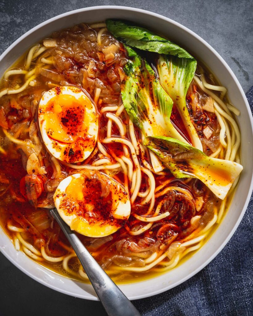 close-up of caramelized onion chile ramen