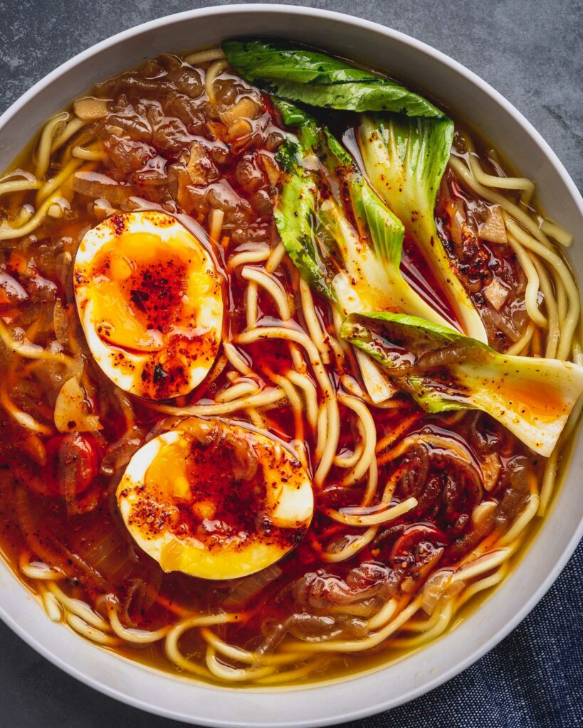 close-up of caramelized onion chile ramen