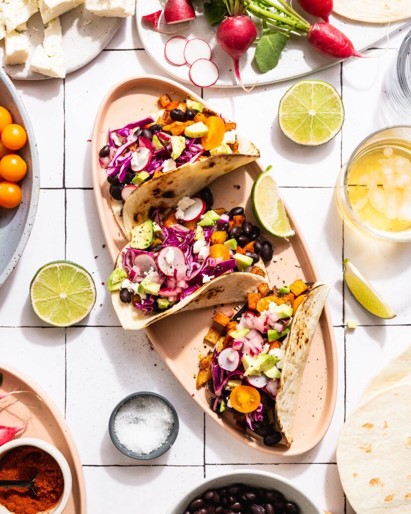 Overhead of chorizo spiced veggie tacos