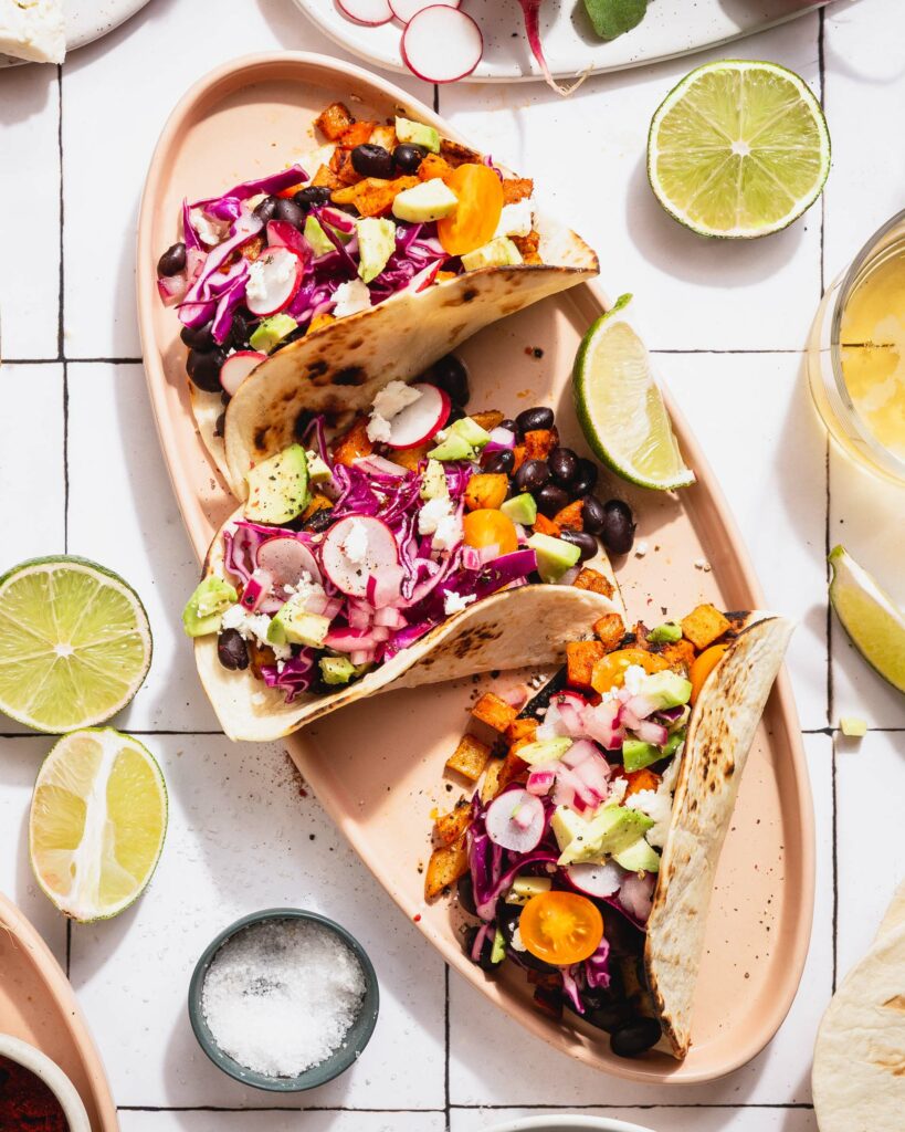 close-up of chorizo spiced veggie tacos