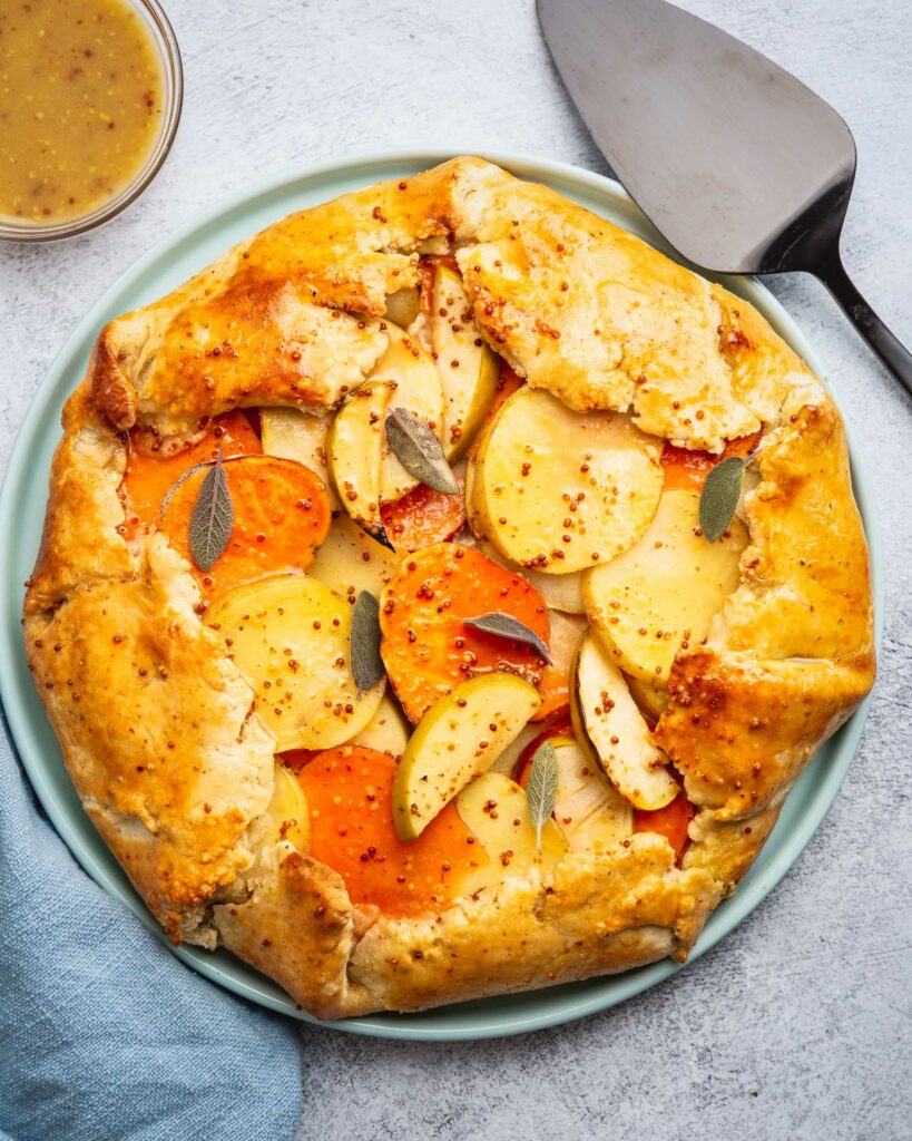 close-up overhead of the savory potato and apple galette