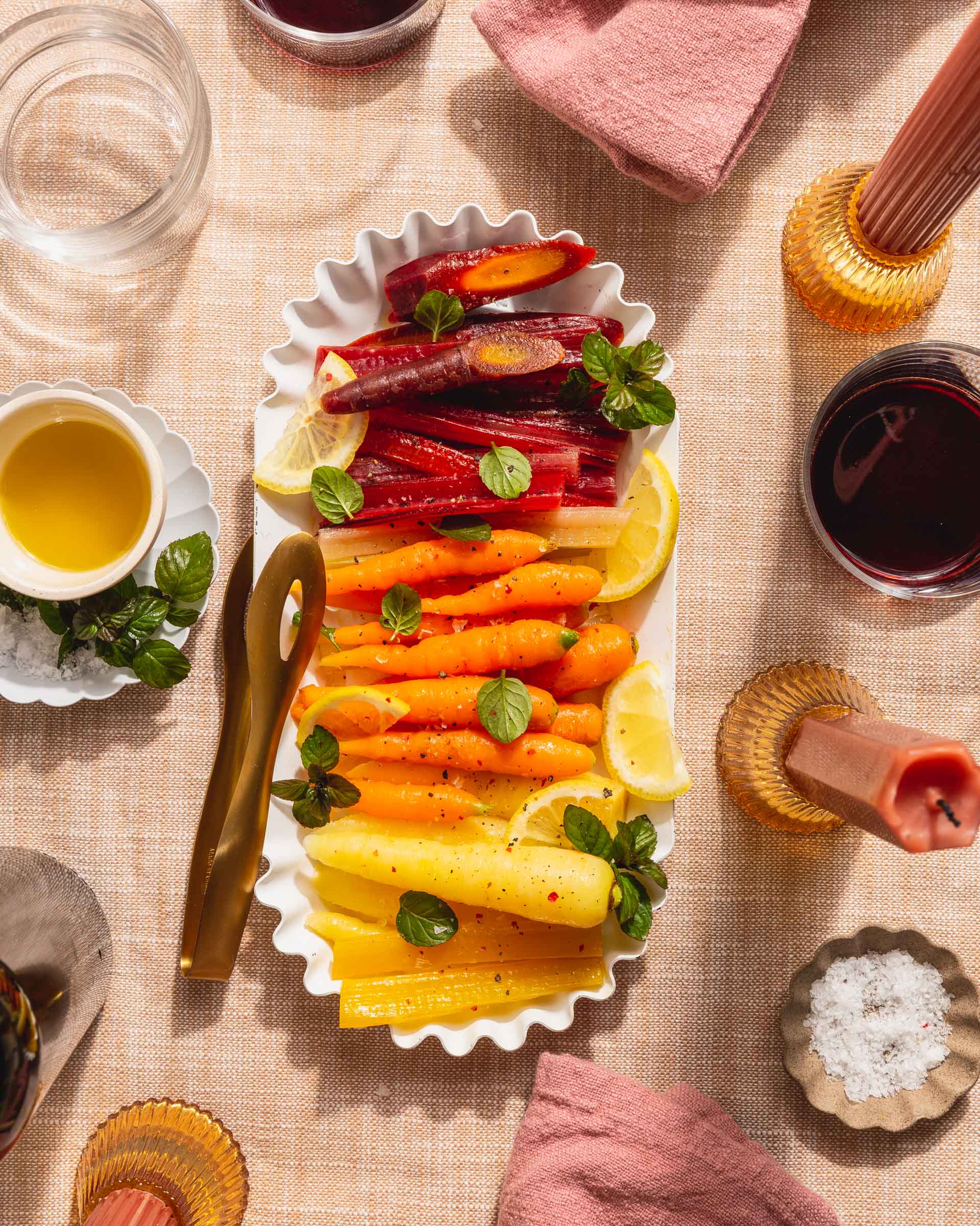 Rainbow Carrots and chard overhead close up shot