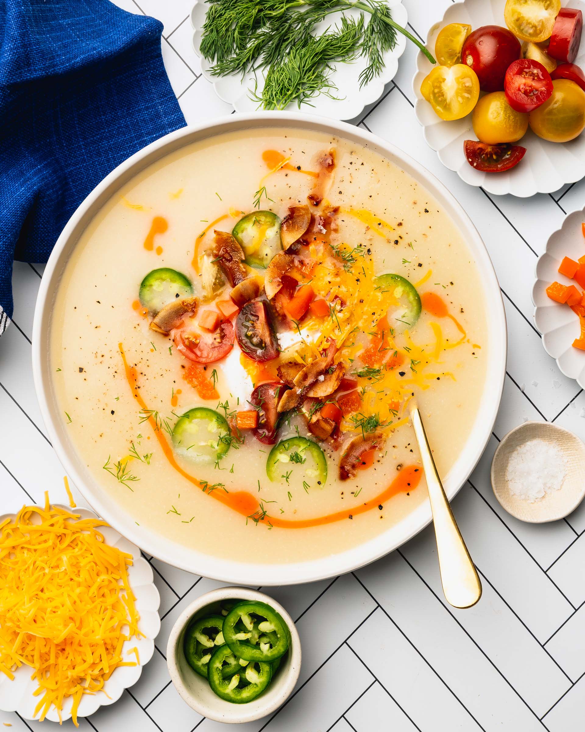 overhead of Vegetarian Loaded Baked Potato & Cauliflower Soup 