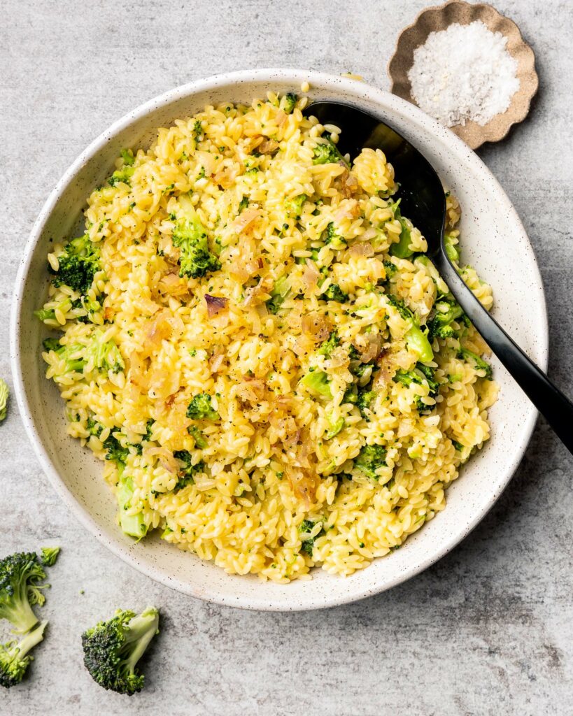 Cheddar Broccoli Orzo in serving bowl