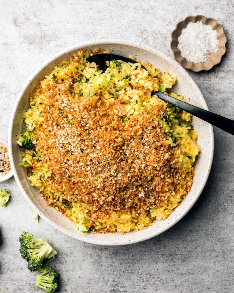 Cheddar Broccoli Orzo with Everything Bagel Spice Mix Breadcrumbs